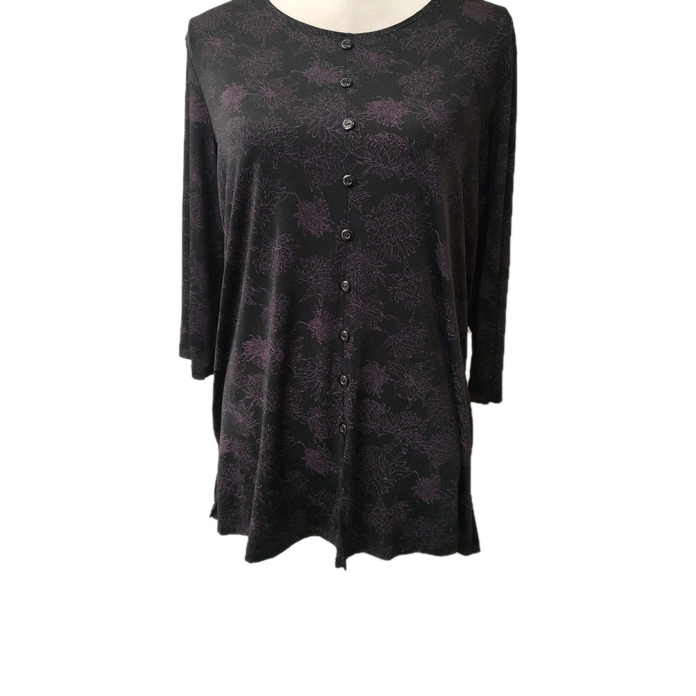 Studio 1940 Women Purple Black Floral Round Neck 3/4 Sleeve Blouse Sz 1X Long